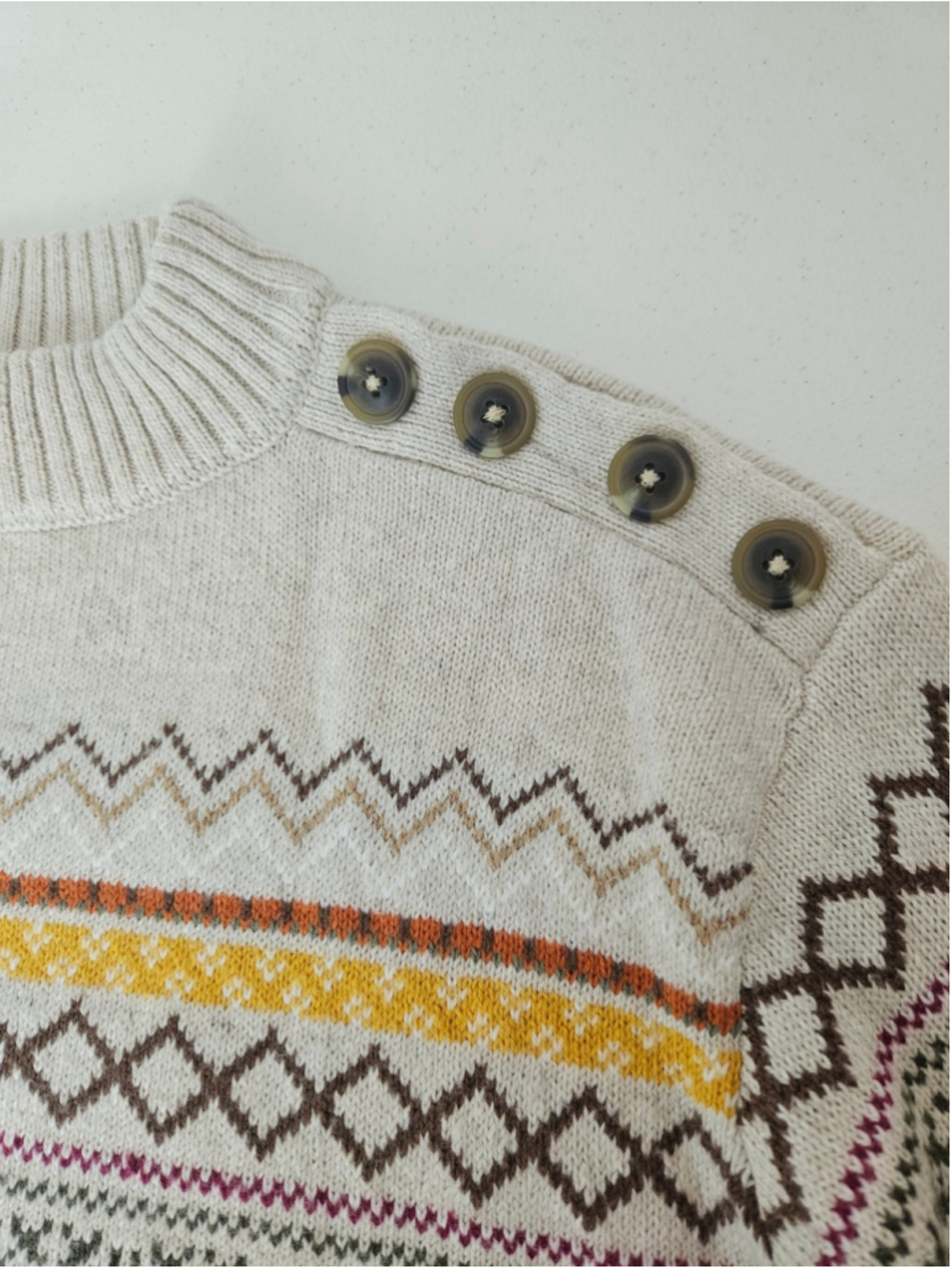 Talbots Petite Fox Fair Isle Button Shoulder Crewneck Sweater Beige Orange Fall - Picture 4 of 8